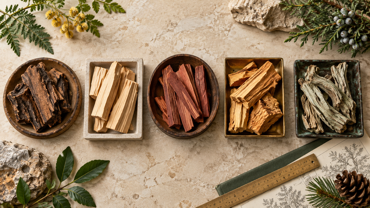 Five distinct aromatic wood samples arranged as a natural material field guide
