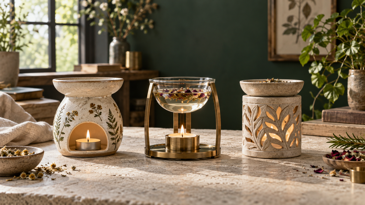 Three non-electric tea-light botanical warmers compared on a limestone worktable