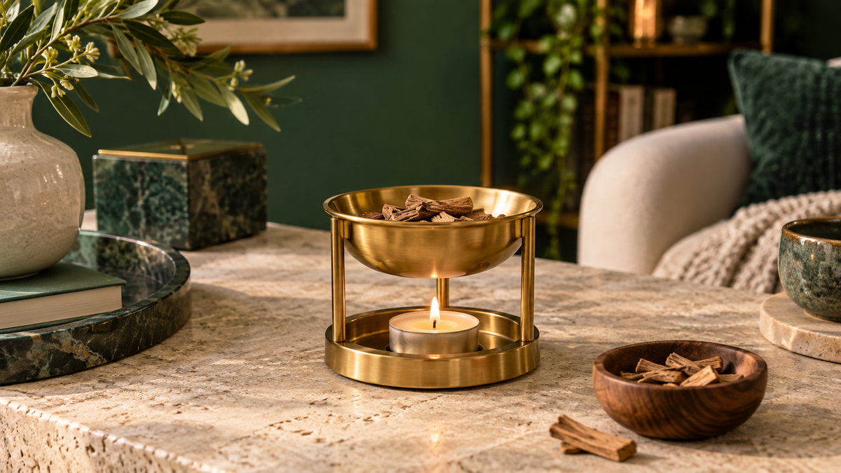 A small amount of aromatic wood warming gently above a supervised tea light
