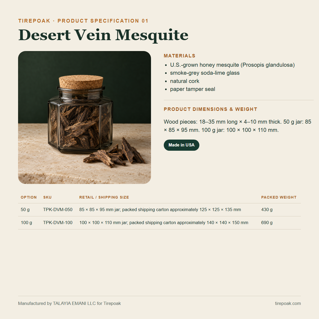 Desert Vein Mesquite materials dimensions weights and SKU specification
