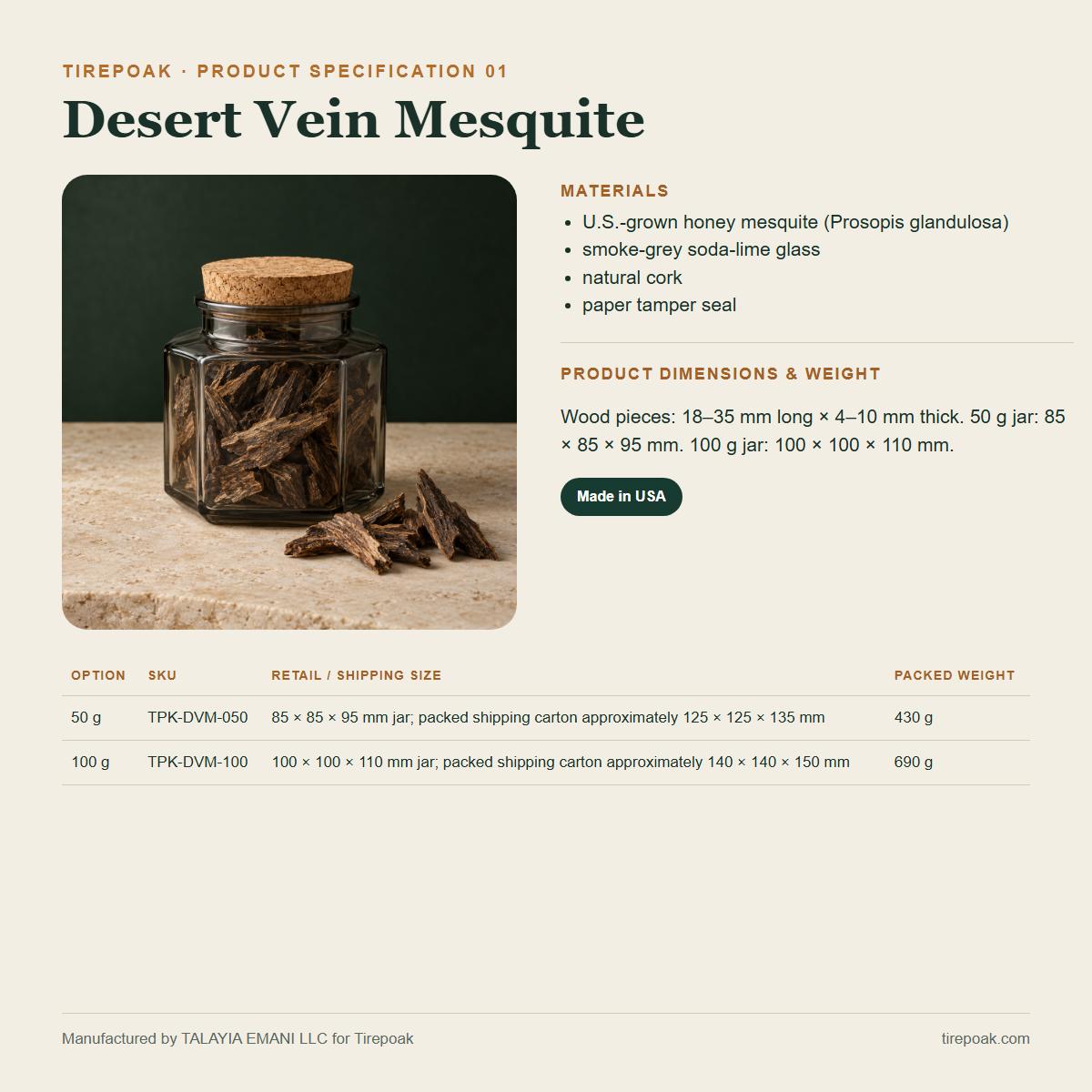Desert Vein Mesquite materials dimensions weights and SKU specification