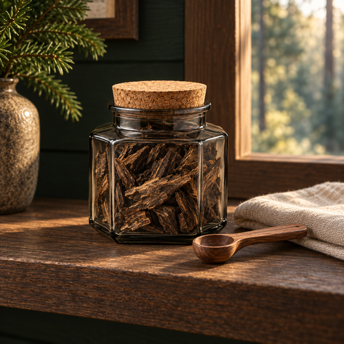 Desert Vein Mesquite jar on a dark oak shelf in a modern forest cabin