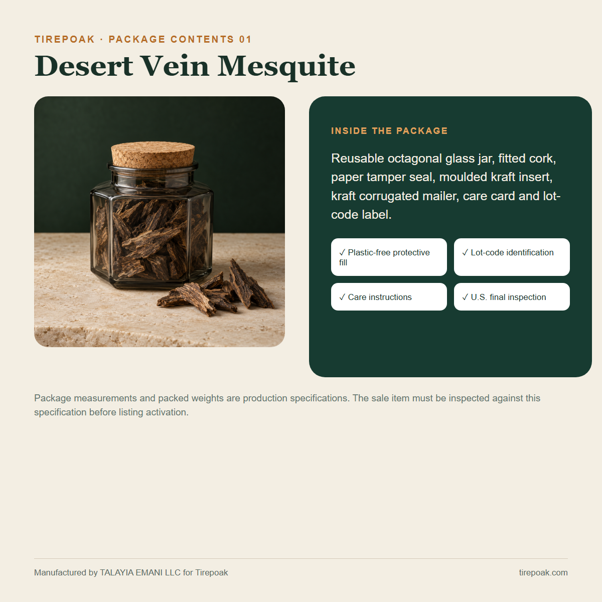 Desert Vein Mesquite package contents and protective packaging specification