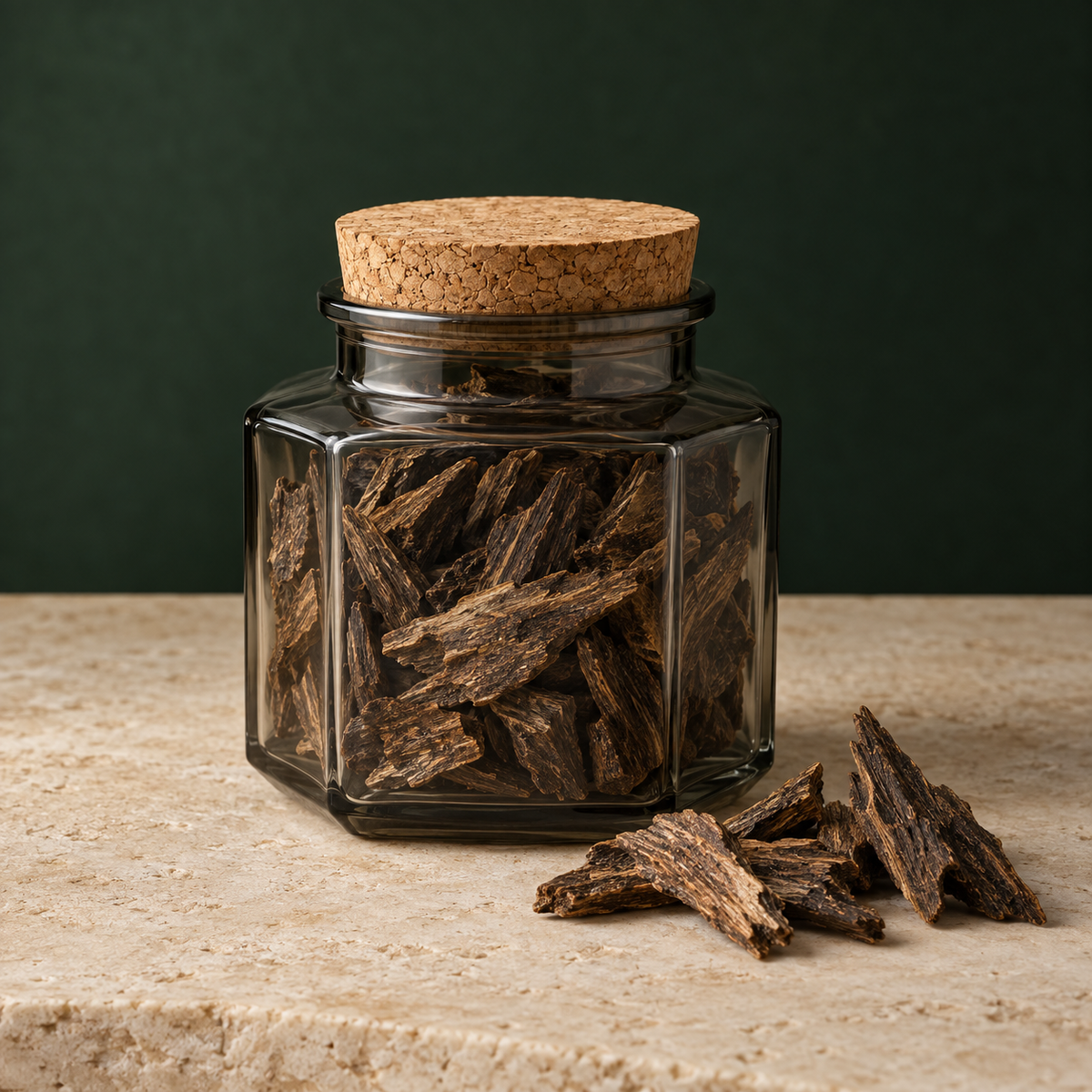 Irregular U.S.-grown mesquite shards in an octagonal smoke-grey glass jar