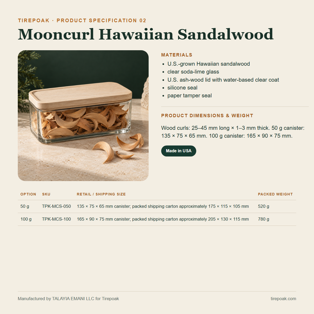 Mooncurl Hawaiian Sandalwood materials dimensions weights and SKU specification