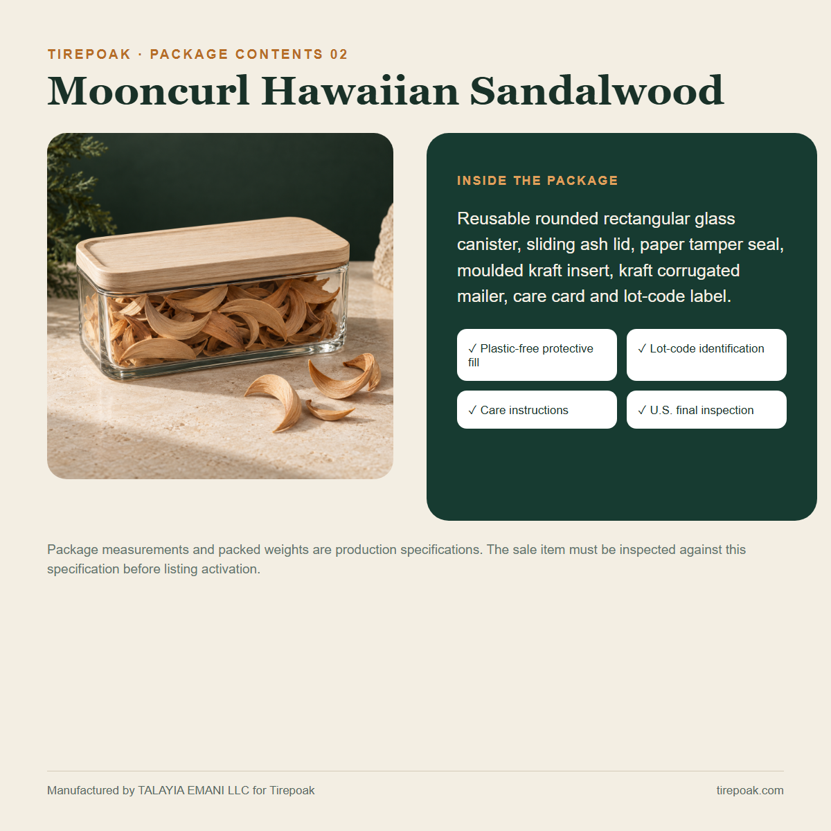 Mooncurl Hawaiian Sandalwood package contents and protective packaging specification