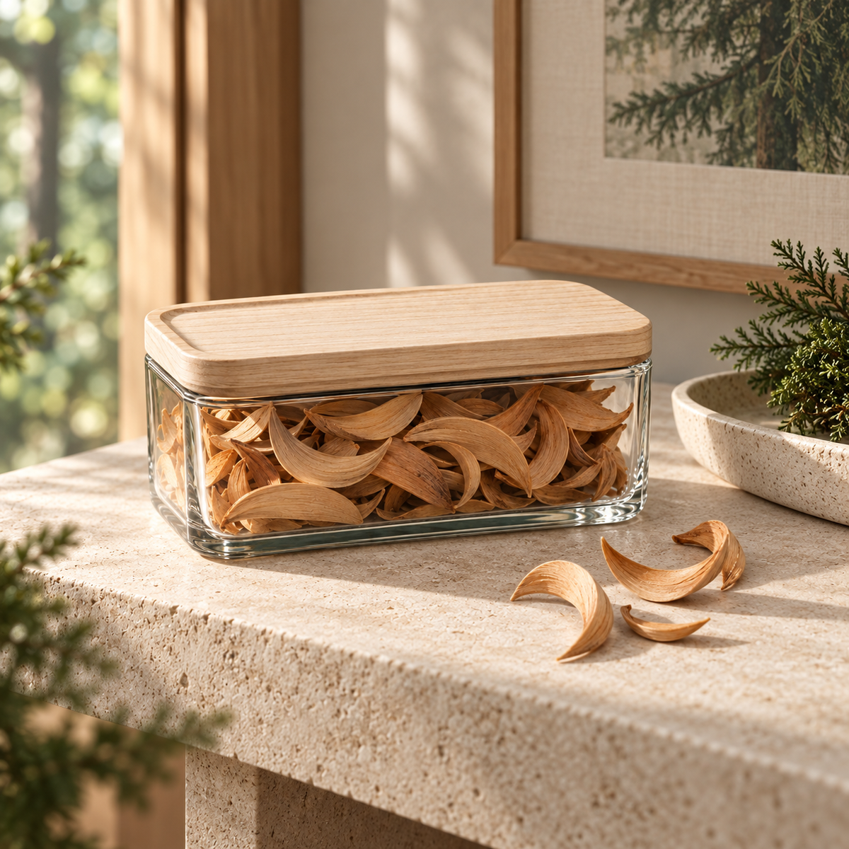 Mooncurl Hawaiian Sandalwood canister on a pale stone console