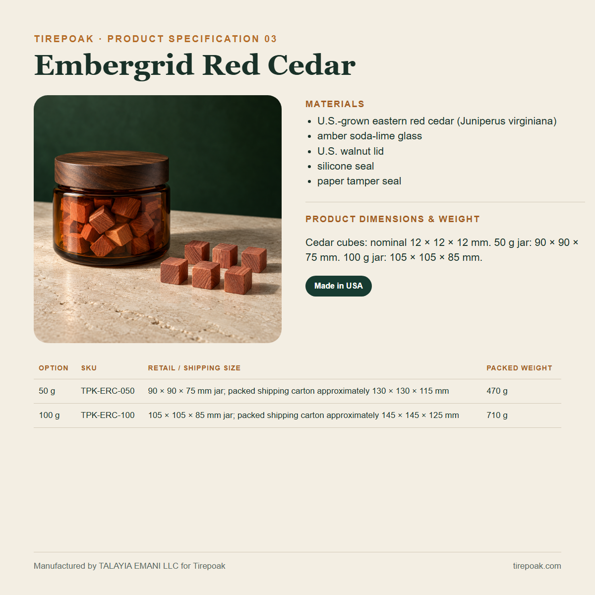 Embergrid Red Cedar materials dimensions weights and SKU specification