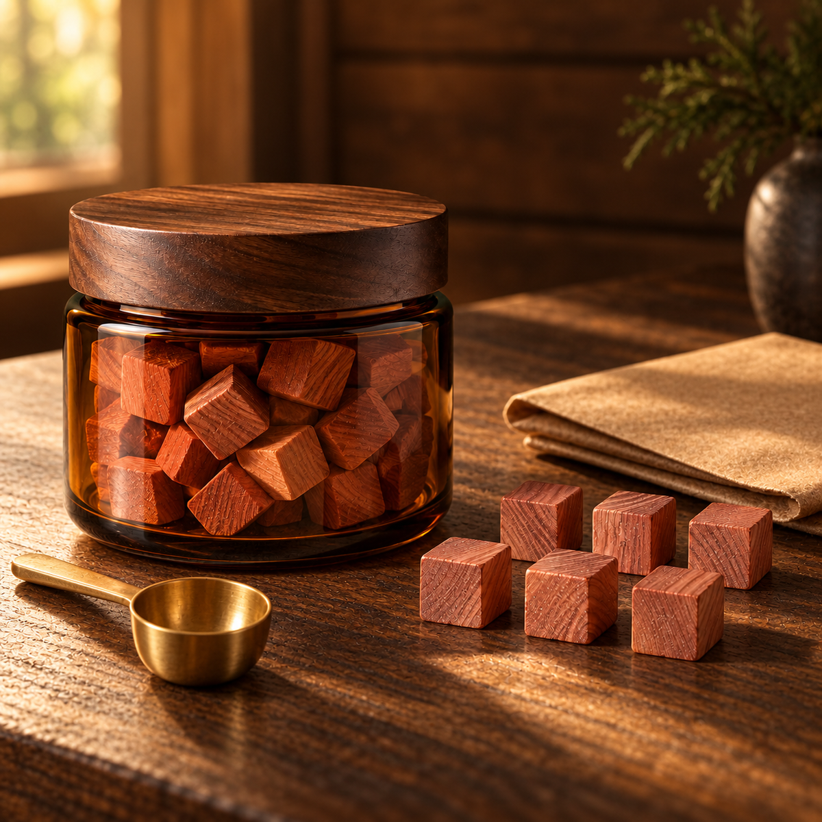Embergrid Red Cedar jar and cubes on a dark oak worktable