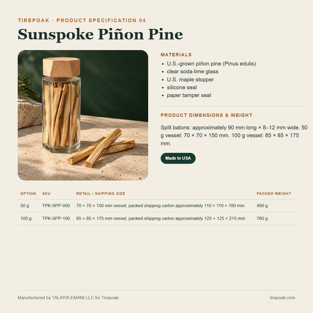 Sunspoke Piñon Pine materials dimensions weights and SKU specification