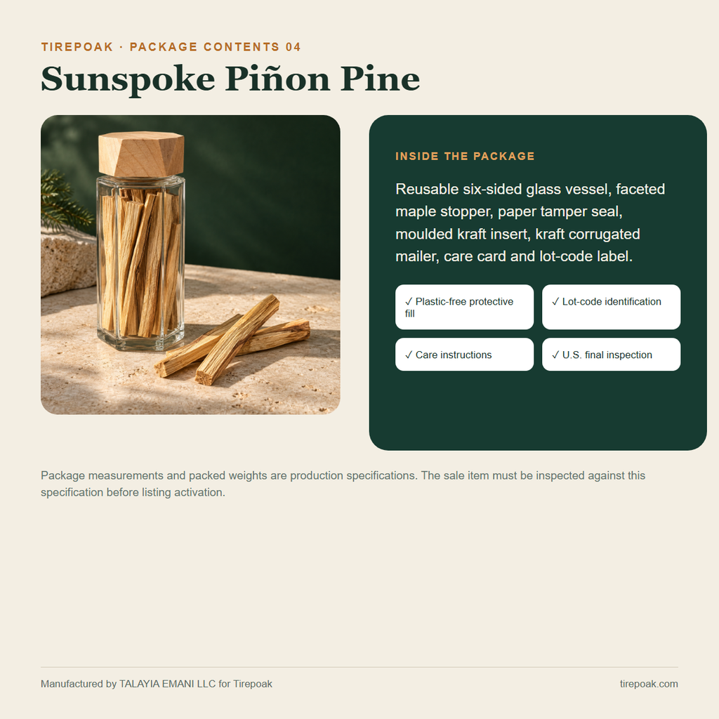 Sunspoke Piñon Pine package contents and protective packaging specification