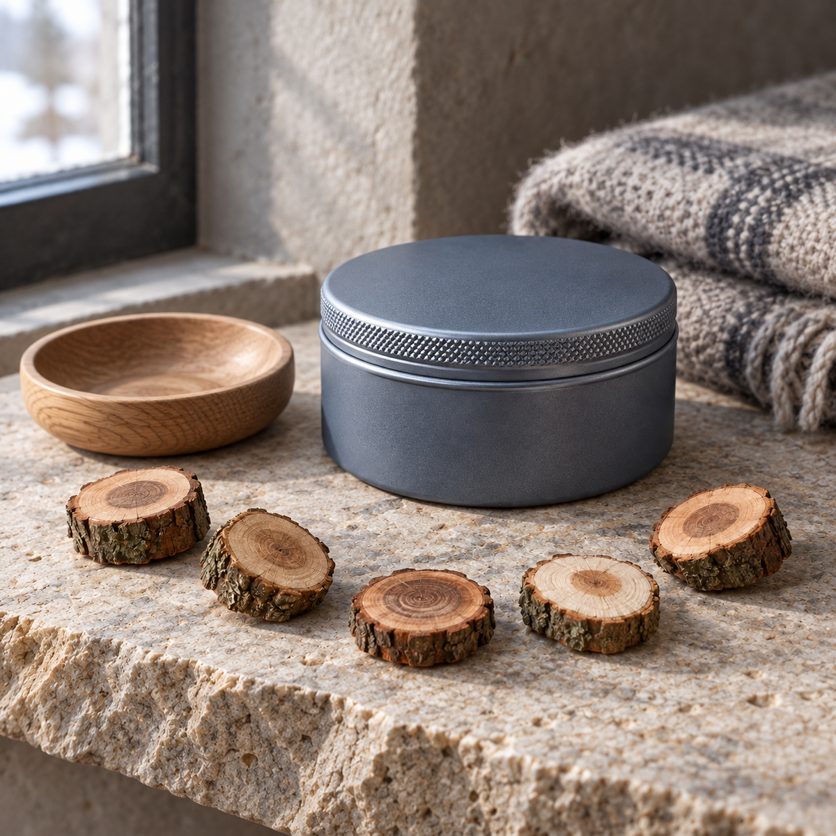 Frostcoin Rocky Mountain Juniper tin on a rugged stone shelf