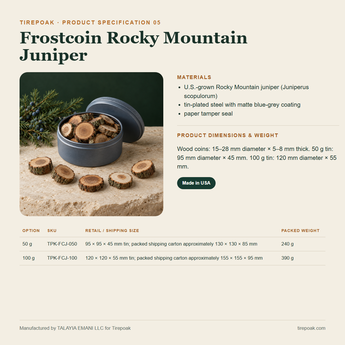 Frostcoin Rocky Mountain Juniper materials dimensions weights and SKU specification