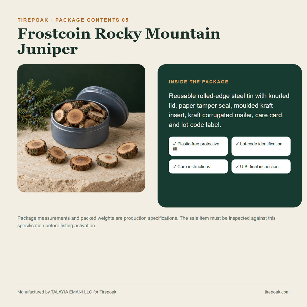 Frostcoin Rocky Mountain Juniper package contents and protective packaging specification