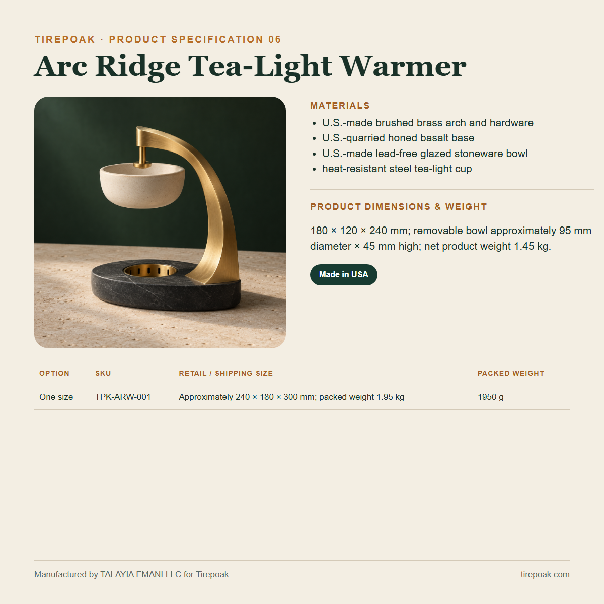 Arc Ridge Tea-Light Warmer materials dimensions weights and SKU specification