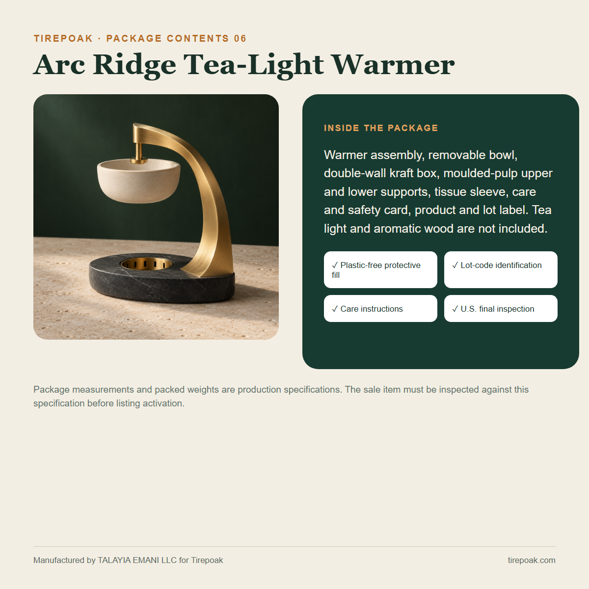 Arc Ridge Tea-Light Warmer package contents and protective packaging specification