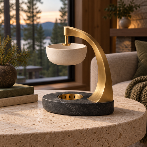 Arc Ridge Tea-Light Warmer unlit on a limestone table