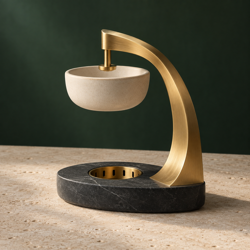 Asymmetrical brass arch tea-light warmer with basalt base and cream stoneware bowl