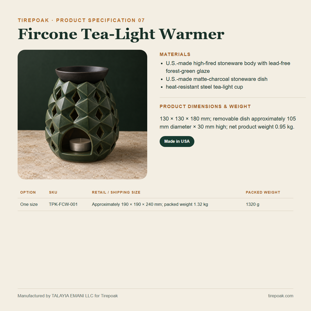 Fircone Tea-Light Warmer materials dimensions weights and SKU specification