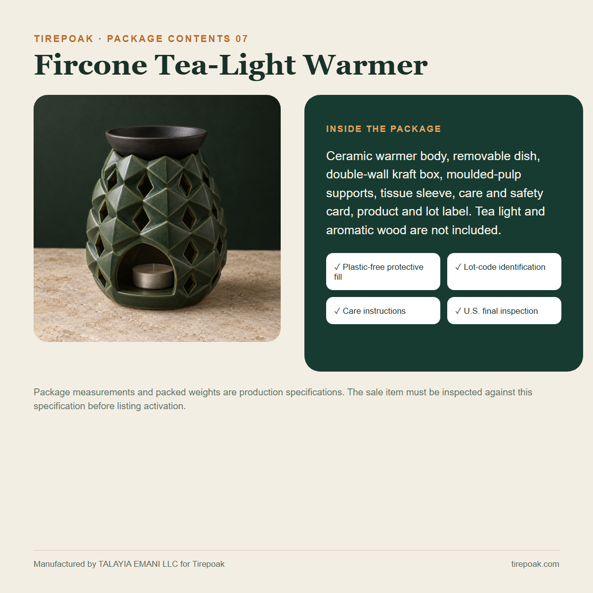 Fircone Tea-Light Warmer package contents and protective packaging specification