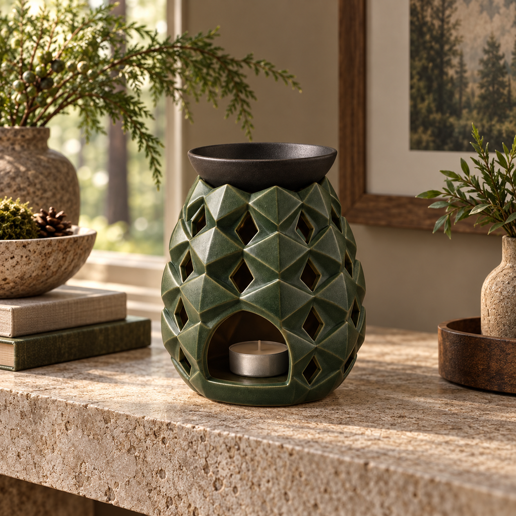 Fircone Tea-Light Warmer unlit on a stone console