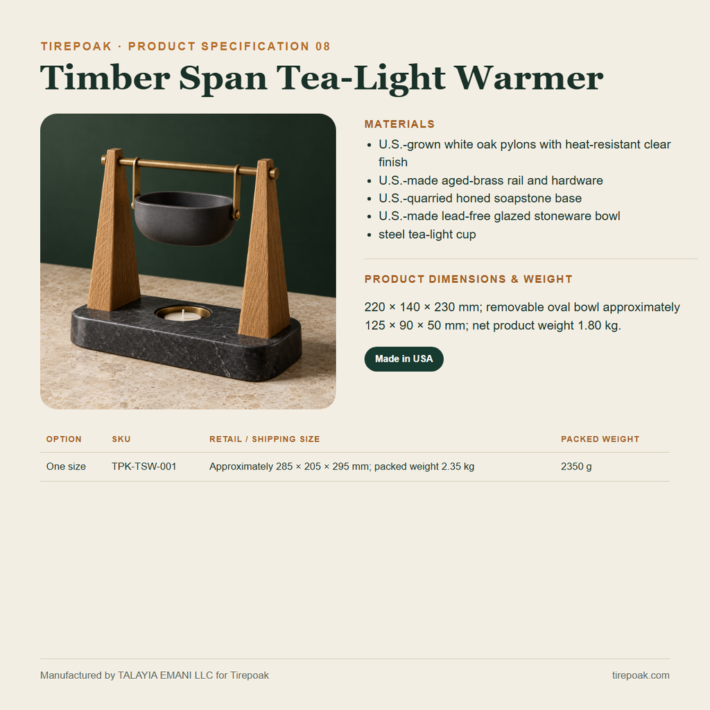 Timber Span Tea-Light Warmer materials dimensions weights and SKU specification