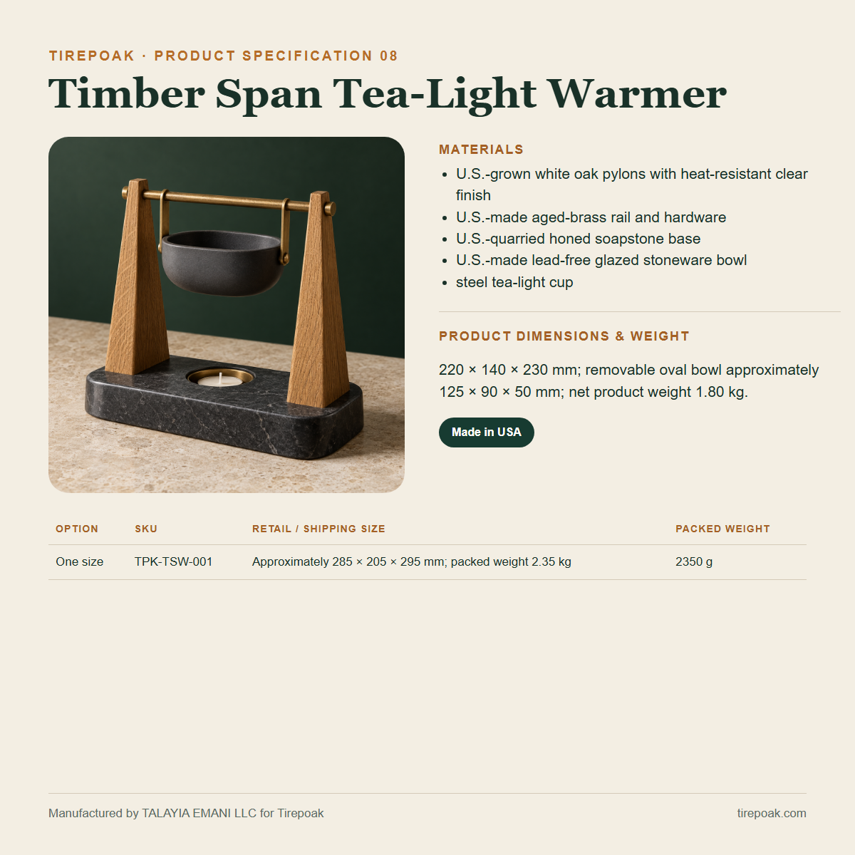 Timber Span Tea-Light Warmer materials dimensions weights and SKU specification