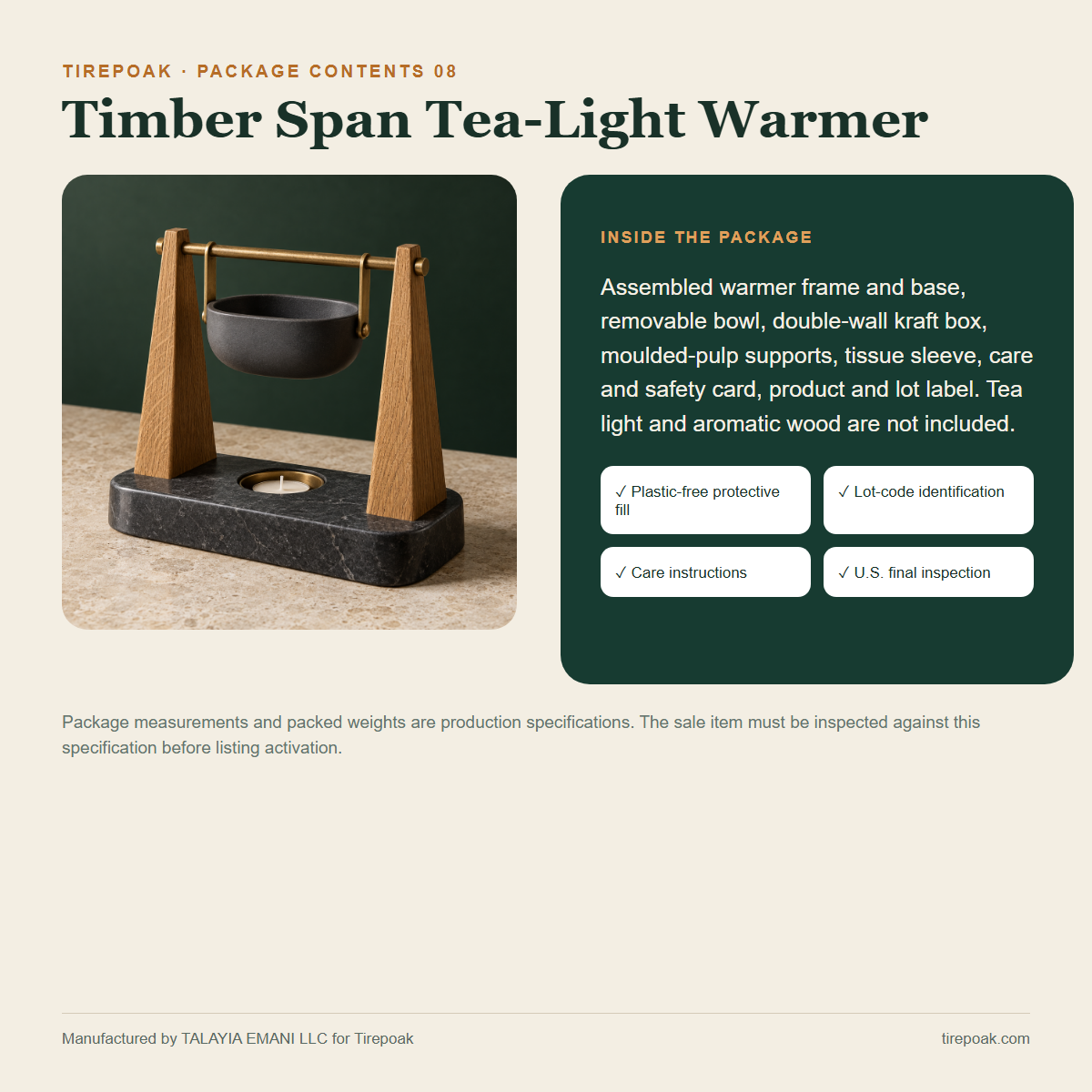 Timber Span Tea-Light Warmer package contents and protective packaging specification