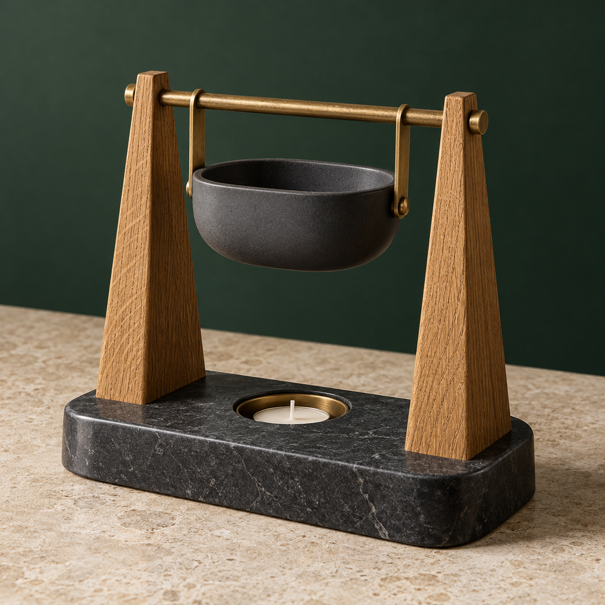 Oak and brass span tea-light warmer with soapstone base and suspended charcoal bowl