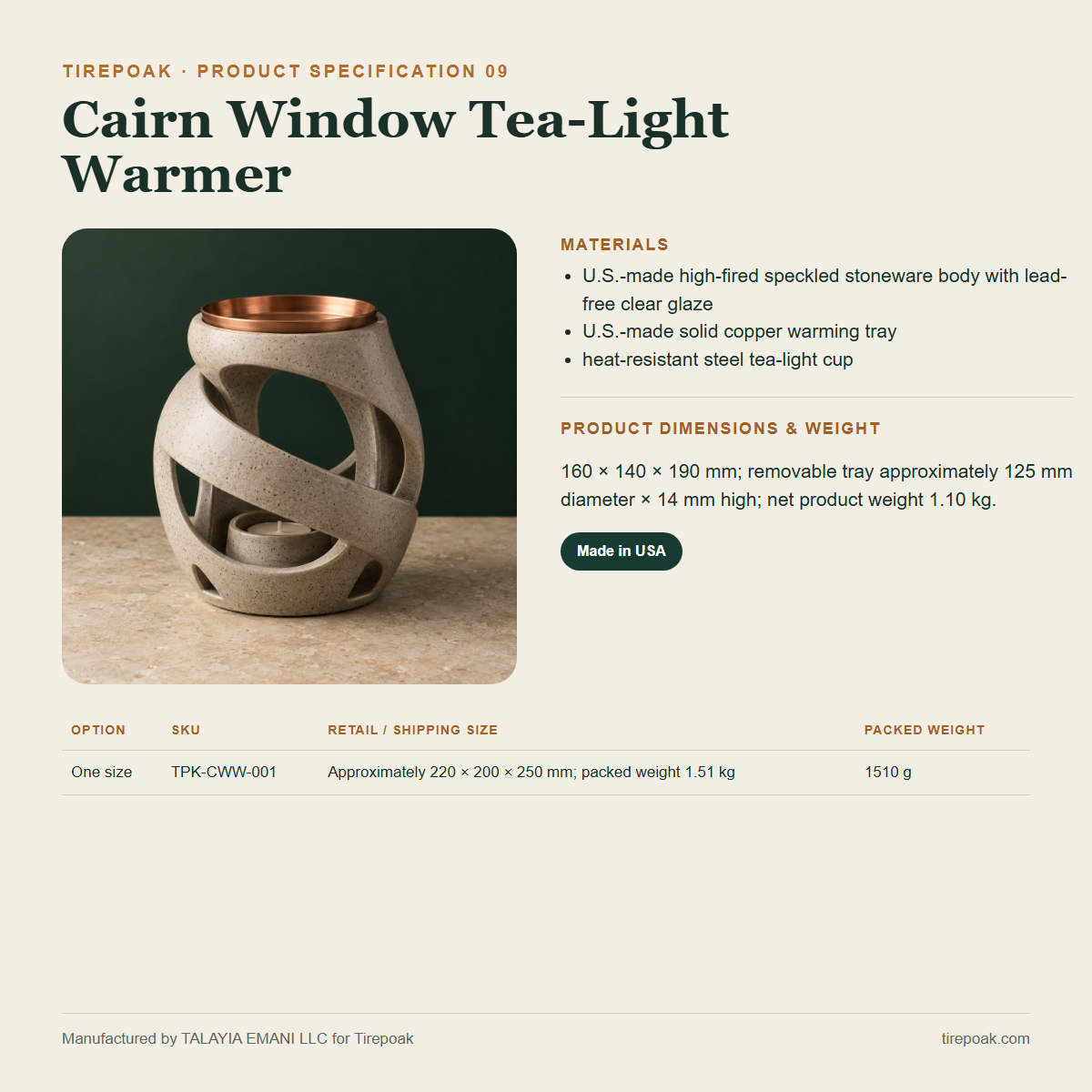 Cairn Window Tea-Light Warmer materials dimensions weights and SKU specification