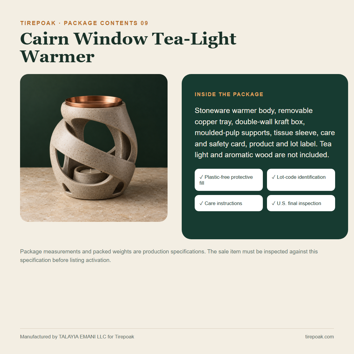 Cairn Window Tea-Light Warmer package contents and protective packaging specification