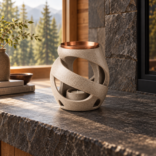 Cairn Window Tea-Light Warmer unlit on a stone hearth ledge