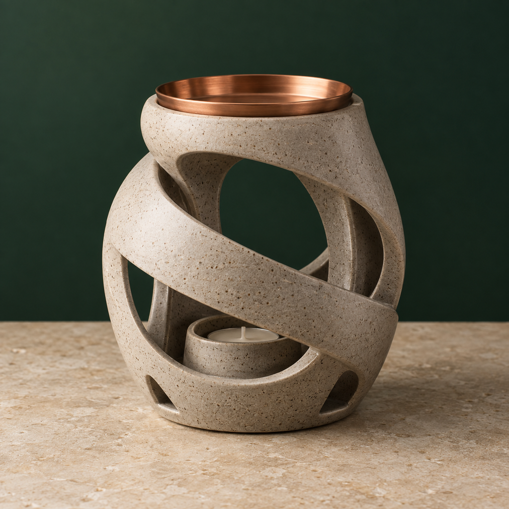 Interlocking warm-grey stoneware ring warmer with removable copper tray