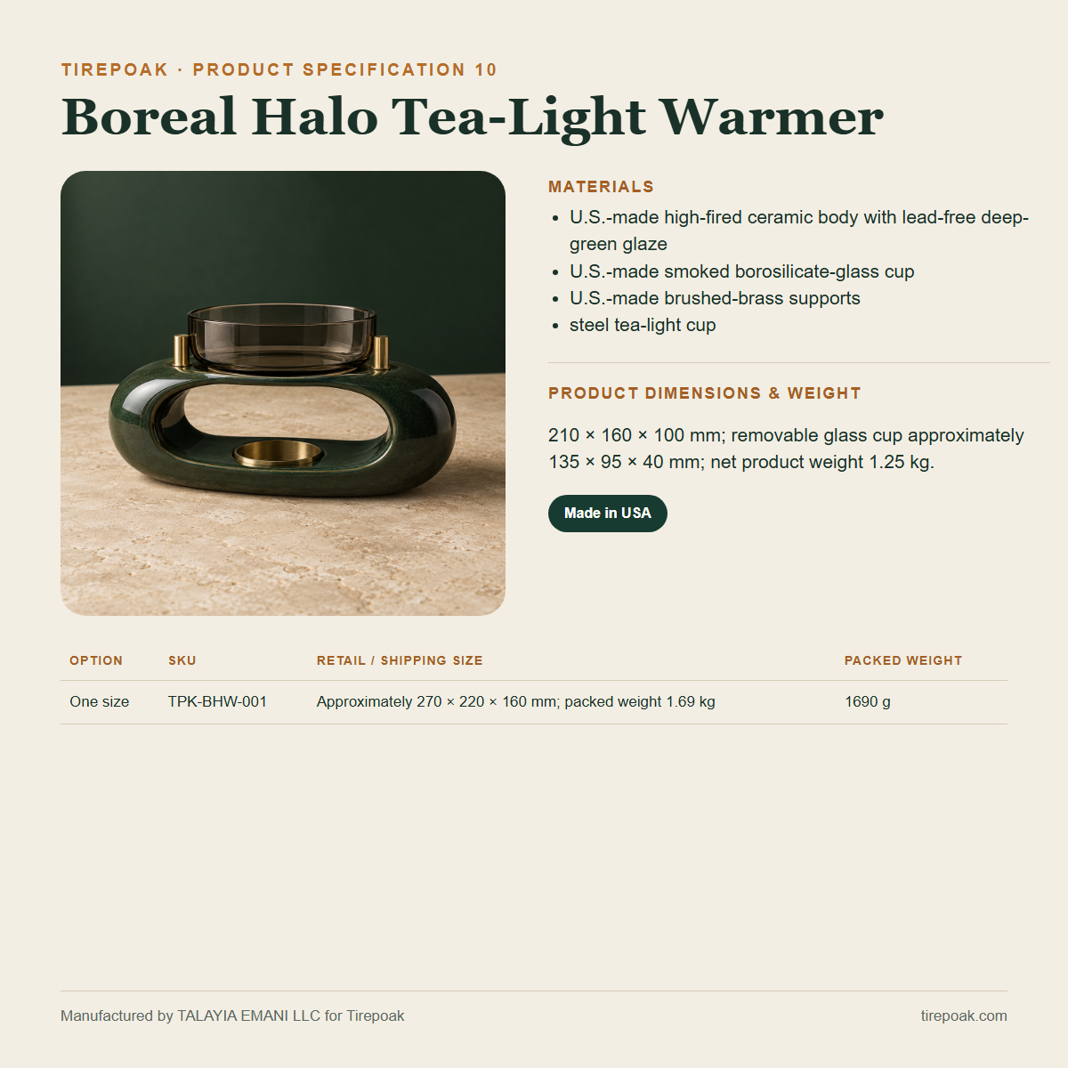 Boreal Halo Tea-Light Warmer materials dimensions weights and SKU specification