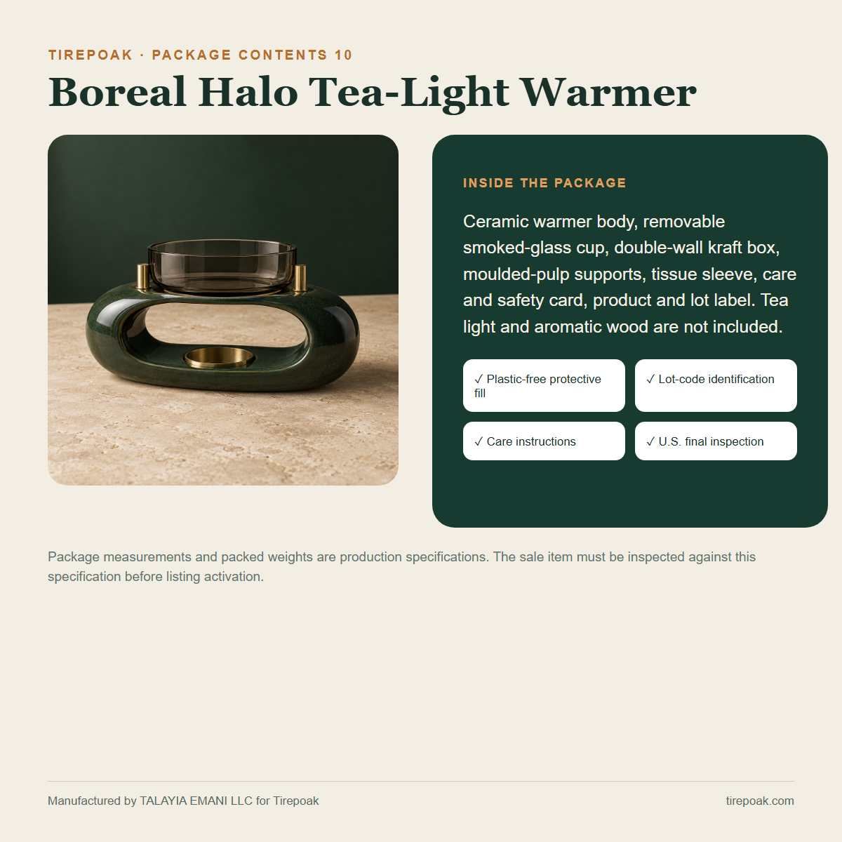 Boreal Halo Tea-Light Warmer package contents and protective packaging specification
