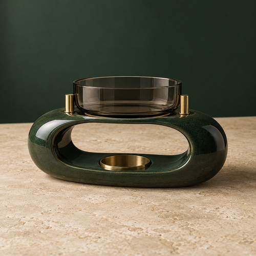 Low oval green ceramic tea-light warmer with smoked-glass cup and brass supports